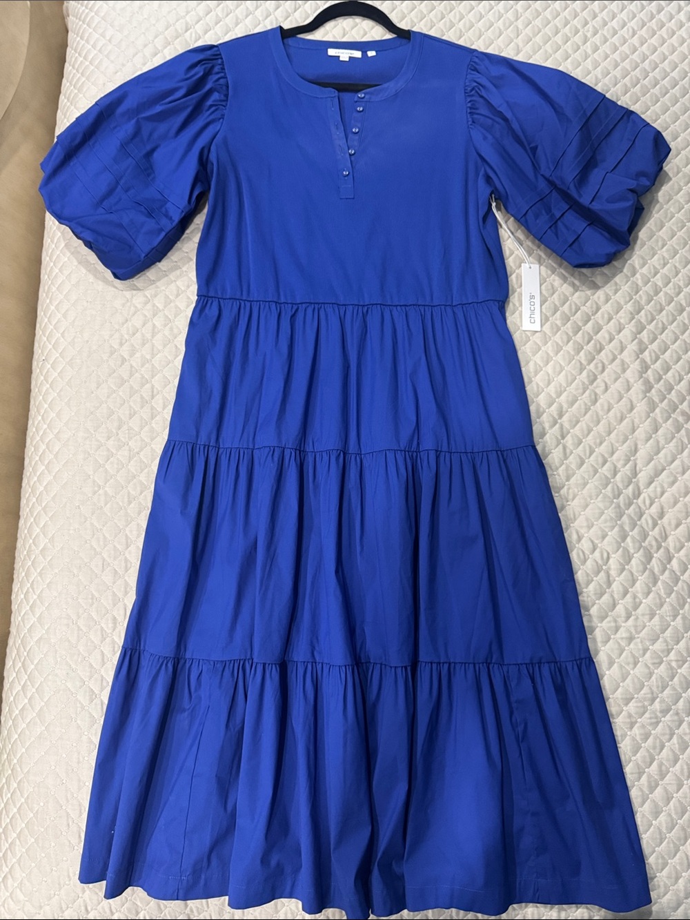 Chico's Royal Blue Tiered Puff-Sleeve Henley Dress